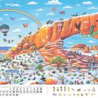 Kalenderseite "Januar". Bunte Wüstenlandschaft mit Tieren, Heißluftballons, Regenbogen und Felsen. Schneebedeckte Kakteen.