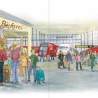 Text "Bäckerei". Menschen kaufen Backwaren; rote und weiße Züge, Reisende. Uhr zeigt 10:10.