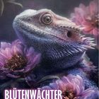 "Blütenwächter. Ton-in-Ton fügt sich der Leguan in das Meer aus lila Blüten ein." Gemälde zeigt Leguan zwischen lila Blüten.