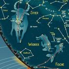 Illustration mit Sternbildern: Stier, Widder, Fische. Namen: Orion, Milch, Perseus. Linien verbinden Sterne.