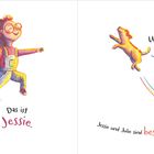 „Das ist Jessie.“ „Und das ist Julie.“ „Jessie und Julie sind beste Freunde.“ Illustration mit springendem Kind und Hund.