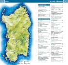 Zahlreiche Touren und Orte auf Sardinien sind aufgelistet, viele ab 4 Jahren geeignet. Links eine bunte Sardinien-Karte.