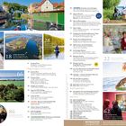 Der Text im Bild enthält Titel und Beschreibungen von Artikeln, wie "INSEL IM FLUSS", "EIN GUTER FANG", "ABENTEUER FLUSSLANDSCHAFT ELDE". Es sind Fotos von Landschaften, Menschen bei Outdoor-Aktivitäten, und einer Frau in einer Küche.