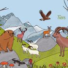 Text "Tiere" und Illustration von Bergen, Murmeltier, Ziegen, Hirsch, Steinbock, Adler im Vordergrund.