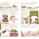 Bildreportage: "Wer Pilze liebt und Pilze frisst". Diverse Tiere, die mit Pilzen interagieren, sind illustriert.