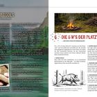 "5 KNOW YOUR TOOLS" und "DIE 5 W'S DER PLATZWAHL" sind hervorgehoben. Links Survival-Tipps, rechts Lagerplatz-Kriterien.