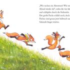 „Wir suchen ein Abenteuer!“ rufen kleine Füchse freudig. Illustration: Vier fröhliche Füchse springen eine Wiese hinab.