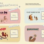 Unsere Partner*innen. Trier Tourismus Marketing. Rappelkiste. Glacè-Manufaktur. Burgeramt. Hier abstempeln. Illustrationen.