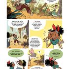 Illustration mit mehreren Panels: Charaktere in einer lebhaften Landschaft; Text beschreibt Abenteuer und Herausforderungen.