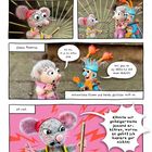 Texte: "Ich ging ins Zelt...", "Ich hielt ihn Omma...", "Omma flüsterte:", "Na das ist...", "Ich rief:", "Könnte mir...".

Illustration: Eine Maus hält einen Stift, spricht mit zwei bunten Figuren und zeigt unterschiedliche Emotionen.