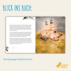 Text: Blick ins Buch: / Was hat er doch für ein glückliches Schweineleben. / Durchgängig farbig illustriert / Calme Mara  
Illustration: Ein glückliches Schwein ruht auf Stroh.