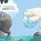 Zwei Bären: einer mit Schleife angelt, der andere trägt Eisklumpen. Text: "Für einen Bären ist Fisch wie Schokolade."