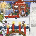 Ein rotes Auto mit einem Tannenbaum, Personen im Schnee, ein Haus, ein Adventskranz und ein leuchtender Stern im Fenster.