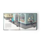 Text über Menschen, Hunde und Katzen. Illustration: Frau mit Kinderwagen, Hund, Schaufenster mit Lebkuchenherzen.