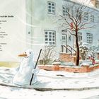 Links steht ein Gedicht über einen Schneemann. Rechts eine Winterlandschaft, ein Schneemann mit Karottennase und Stock.