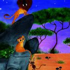 Illustration mit einem Löwen auf einem Felsen, einem Löwenjunges und einem kleinen Tier im Vordergrund unter einem klaren Sternenhimmel.