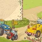 Illustration von lächelnden Fahrzeugen: ein blauer und ein kleiner roter Traktor neben einem gelben Kran. Zwei Eichhörnchen auf dem Kran.