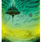 Seite 5. Eine schwebende Stadt mit spitzen Türmen über einer futuristischen Landschaft mit Kuppeln und Wolken.