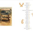 Links: Ziegen stehen vor einem Bus mit "tts Travels" Banner. Rechts: Liste von Städten mit Zahlen und indischen Symbolen.