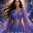 Lady Portia, Avalon schwingt in dir und möchte wieder vollständig in dir erwachen. Frau in lila Kleid vor galaktischem Hintergrund.
