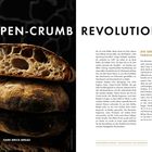 "Die Open-Crumb Revolution", "Dark Brick Bread", "Die Grenzen Weiter Verschieben", Text über Brot mit grober Krume.
