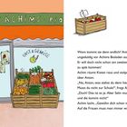 Logo zeigt "ACHIMS · BIO" mit "OBST & GEMÜSE". Illustration eines Bioladens mit Obst- und Gemüseauslage. Text handelt von Anton.