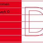 "Willkommen beim Raumwerk D" mit rotem und weißem gestreiftem Hintergrund, rechts ein großes D in Linienform.