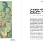 Links ein Gemälde mit mehreren abstrakten Figuren in bunten Farben, rechts Text über Maria Lassnig und Edvard Munch.