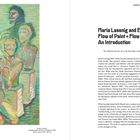"Maria Lassnig und Edvard Munch. Flow of Paint = Flow of Life. An Introduction." Links Gemälde mit vier Figuren in lebhaften Farben.