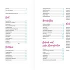 Text: Inhalt, Brot, Brötchen, Herzhaftes, Gebäck und süße Kleinigkeiten, Kuchen. Eine Inhaltsangabe mit Rezeptnamen.