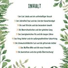 "Inhalt" gefolgt von Kapitelüberschriften und Seitenzahlen, umrandet von grünen Blättern als Illustration.