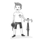 Logo mit Text: "Transport Glücksbringer, Dankstelle Bremen". Illustration eines Jungen mit Fahrrad und Helm.