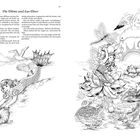 "Die Möwe und das Meer" und eine Illustration von Elfen, einer Möwe, Blumen, Meerjungfrau, Frosch und verschiedenen Tieren.