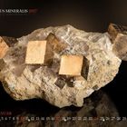"MUNDUS MINERALIS 2027", "JANUAR". Goldene Würfel aus Pyrit auf einem felsigen Hintergrund, Kalenderdarstellung.