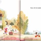 Text: "Heute will ich draußen spielen." Illustration: Ein Kind zieht einen Wagen, ein anderes fährt ein Dreirad. Haus im Hintergrund.