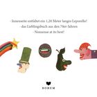 Texte: „Innenseite entfaltet ein 1,20 Meter langes Leporello!“, „das Lieblingsbuch aus den 70er-Jahren“, „Nonsense at its best!“. Unten Illustrationen: Regenbogenstern, Gesichter, Birne mit Gesicht. Unten ein Logo von Bohem.