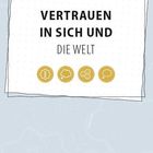 "VERTRAUEN IN SICH UND DIE WELT." Vier gelbe Symbole unten auf hellem Hintergrund.
