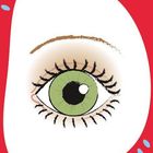 Illustration eines grünen Auges mit vielen Wimpern, umrahmt von roten und weißen Formen.