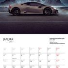 Januar 2027 Kalender mit einem Lamborghini Huracán EVO Spyder vor schneebedeckten Bergen.