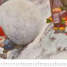 Text: "Januar"
Drei Zwerge im Schnee, einer schiebt einen großen Schneeball, während die anderen zusehen. Kalenderblatt darunter.