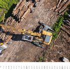Text: "JANUAR". Kalenderblatt mit Foto eines gelben Forstfahrzeugs beim Verladen von Baumstämmen auf holzbewachsenem Gelände.