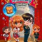 "Dein TocaToast-Spielbuch", "Duell der Streiche". Vier Kinder in Schuluniformen auf einer Bühne mit Konfetti.