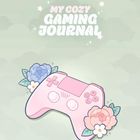 Text: „MY COZY GAMING JOURNAL“ und „Plan. Play. Progress.“ Illustration: Rosa Spielecontroller mit Blumen auf grünem Hintergrund.