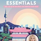 „Korea Essentials: Alles, was du für deine Reise nach Südkorea wissen musst.“ Illustration mit Tempel und Skyline.