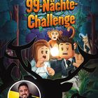 "DENNOME und die 99-Nächte-Challenge." Zwei Lego-ähnliche Figuren im Wald, ein Äffchen, leuchtende Augen, gruseliges Motiv.