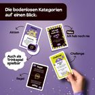 „Die bodenlosen Kategorien auf einen Blick: Aktion, Ich hab noch nie, Regel, Challenge. Auch als Trinkspiel spielbar.“  
Kartendesign in lila und gelb mit Hand.