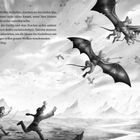 Text: mit ihren Waffen fuchtelten, machten sie den beiden klar, dass sie besser... Illustration: Zwei Kinder rennen Dinosauriern mit Flügeln nach.
