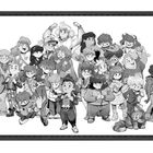 Eine Gruppe von Comic-Charakteren, fröhlich posierend, in verschiedenen Posen und Outfits.