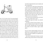 Seitenzahlen: 14 und 15. Illustration: Roller mit Kasten und einer "2". Text erzählt eine Geschichte über Claire und eine Heimkehr.