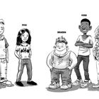 Namen über Charakteren: Herman, Chai, Dragon, Vero, Amanda. Schwarz-weiße Illustration von fünf stilisierten Personen.